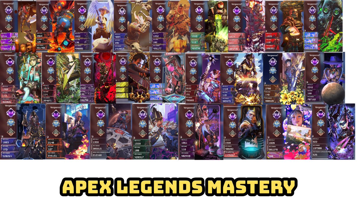 VengeanceSven's tweet photo. 100+Wins, 4K Damage Badge and 20 Kill Badge on every single legend in the game. 26/26 characters done all on PC. What a long journey after 3 years of playing. 

APEX LEGENDS MASTERY

#ApexLegends #Vengeance7 https://t.co/BuhdbaJMJQ