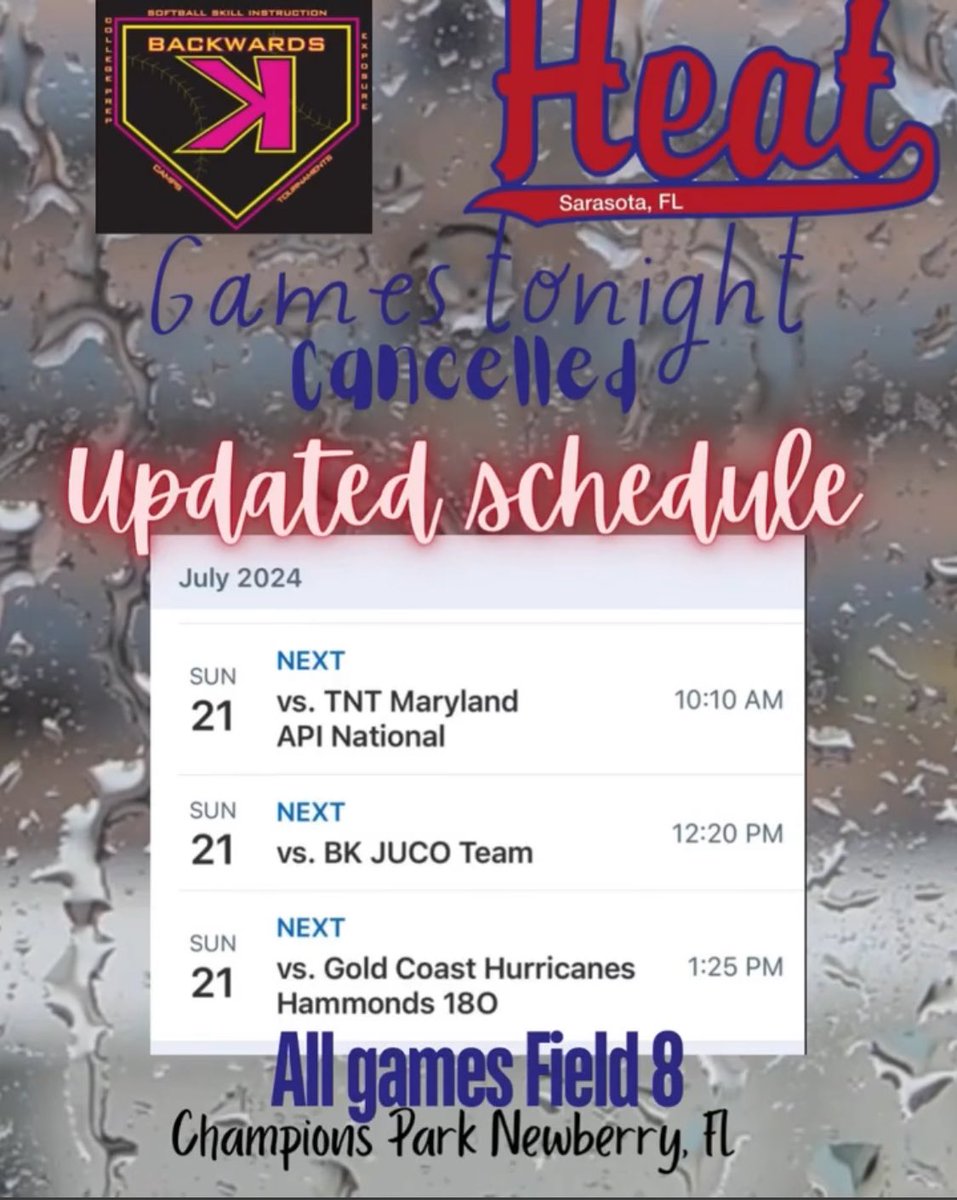 Sarasota Heat Dover 18U (@sarasotaheat18u) on Twitter photo Games today have been moved to tomorrow due to weather at <a href="/BackwardsKJax/">Backwards K Softball</a> for our last tournament of the #SarasotaHeat18u 2025 summer! #BackwardsKJax #LetsGo #softballshowcase #GetRecruited #HeatFam #raindelay #MakeItCount Games today have been moved to tomorrow due to weather at <a href="/BackwardsKJax/">Backwards K Softball</a> for our last tournament of the #SarasotaHeat18u 2025 summer! #BackwardsKJax #LetsGo #softballshowcase #GetRecruited #HeatFam #raindelay #MakeItCount
