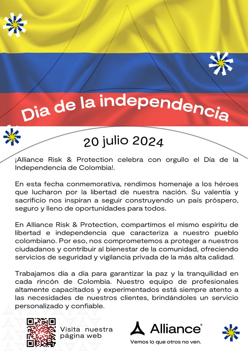 En Alliance Risk &amp; Protection, nos unimos a la celebración del el grito de libertad que dio inicio al camino hacia nuestra nación soberana.
¡Que este 20 de julio sea una ocasión para recordar con orgullo nuestra historia.  
allianceprotect.com
🔺
#20DeJulio #SeguridadColombia
