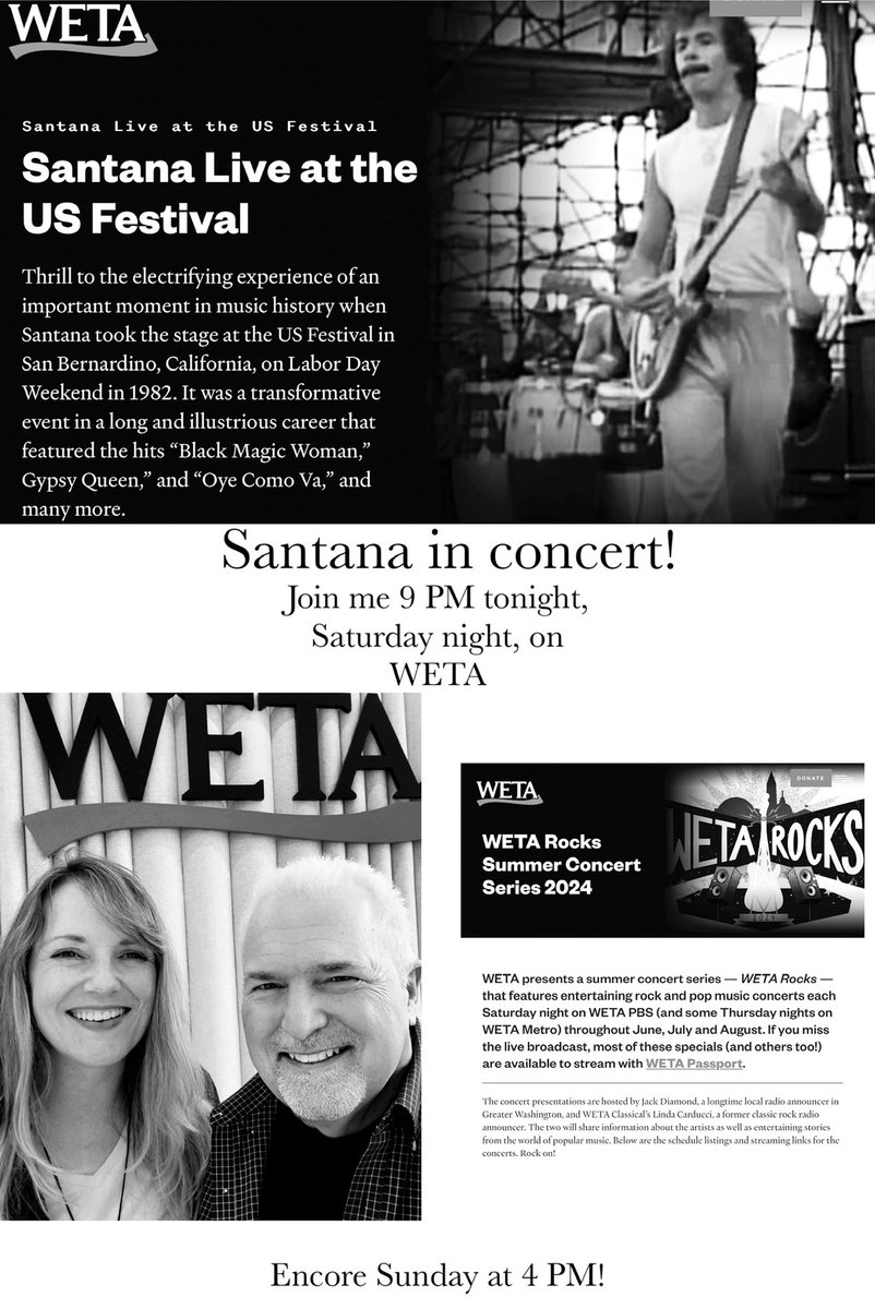 JackDiamond's tweet image. It’s tonight at 9 o’clock, Santana in concert from the US festival! Join me as I host this incredible concert along with my friend Linda Carducci on WETA TV. Encore presentation Sunday 4 PM. 
#Santana #CarlosSantana #JackDiamond #JackDiamondMorningShow #WETATV #Tonight @wetatvfm