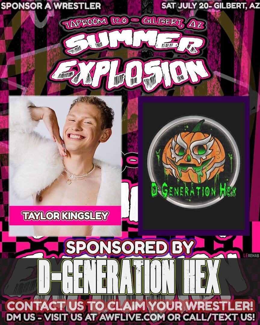 prowrestlingaz's tweet image. TONIGHT: #thankyou 🙏 @dgeneration_hex - for sponsoring TAYLOR KINGSLEY at #SummerExplosion! Built on a foundation for love of 80’s horror, punk rock, wrestling and all things retro. We make apparel, home goods, and more.

TICKETS: ift.tt/l0RhUaG instagr.am/p/C9qhevwPm9p/