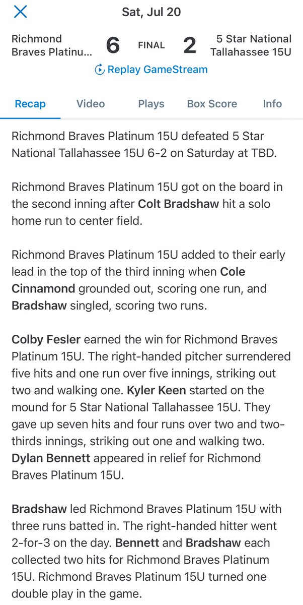 RichmondBraves's tweet photo. Survive and advance!

15u Platinum takes game 2 of bracket play and moves on‼️

Big time performances by @ColbyFesler_2 and @coltbradshaw45 💪🏼 https://t.co/uH4yt3wfta