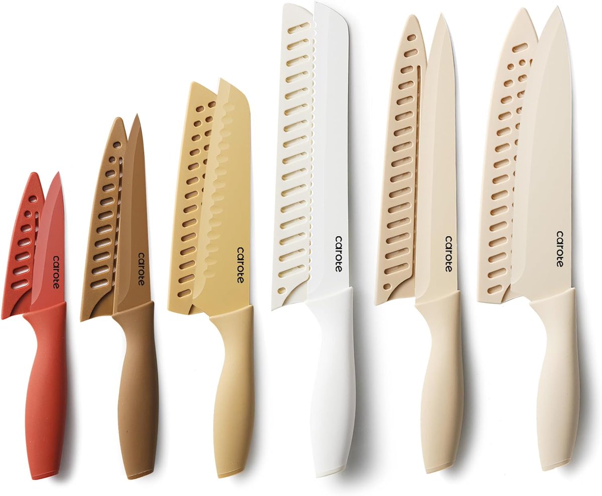 CAROTE 12 Pieces Kitchen Knife Set, Stainless Steel Knife Set With Nonstick Creamic Coating,Dishwasher Safe with 6 Blade Guards, Rustproof, Brown amzn.to/3SjozZU