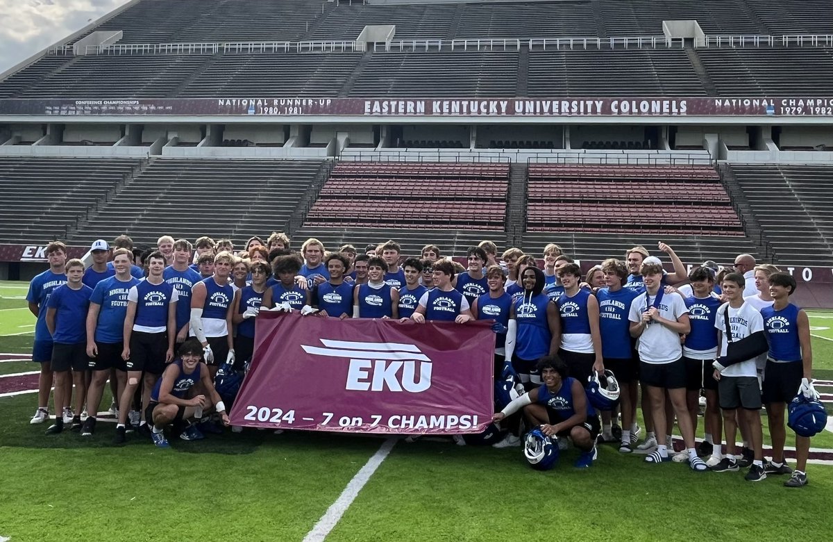 These boys are the 2024 EKU 7v7 Tournament Champions! Went into bracket play in 1st Place out of 66 teams and ended in 1st place. Highlands took 2, 7v7 teams and their linemen and they all showed up BIG time! They are ready for regular season to start!!! #GoBirds