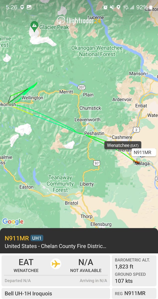 Borrowed7Time's tweet photo. Chelan Co Fire District UH-1H N911MR #AC9B85 as Rotor 1 returning to Wenatchee. Looks like it was working the 2+ acre #RapidRiverFire NW of Stevens Pass.
@Wa_fire_watch https://t.co/lQjkJiCxLA