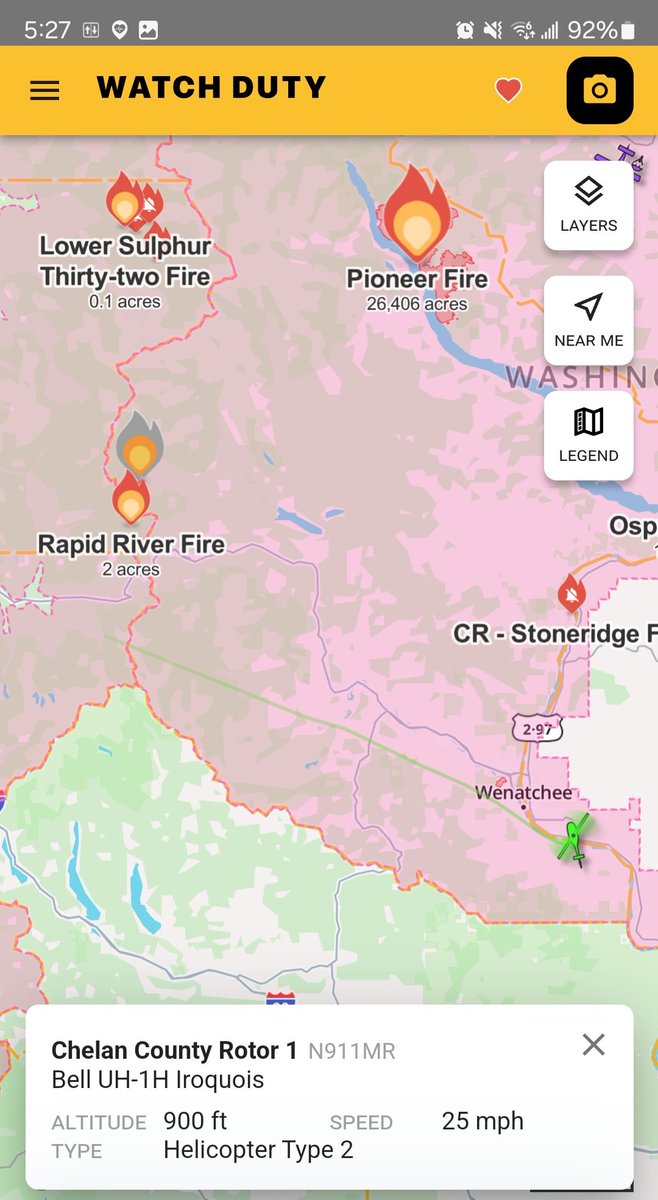 Borrowed7Time's tweet photo. Chelan Co Fire District UH-1H N911MR #AC9B85 as Rotor 1 returning to Wenatchee. Looks like it was working the 2+ acre #RapidRiverFire NW of Stevens Pass.
@Wa_fire_watch https://t.co/lQjkJiCxLA