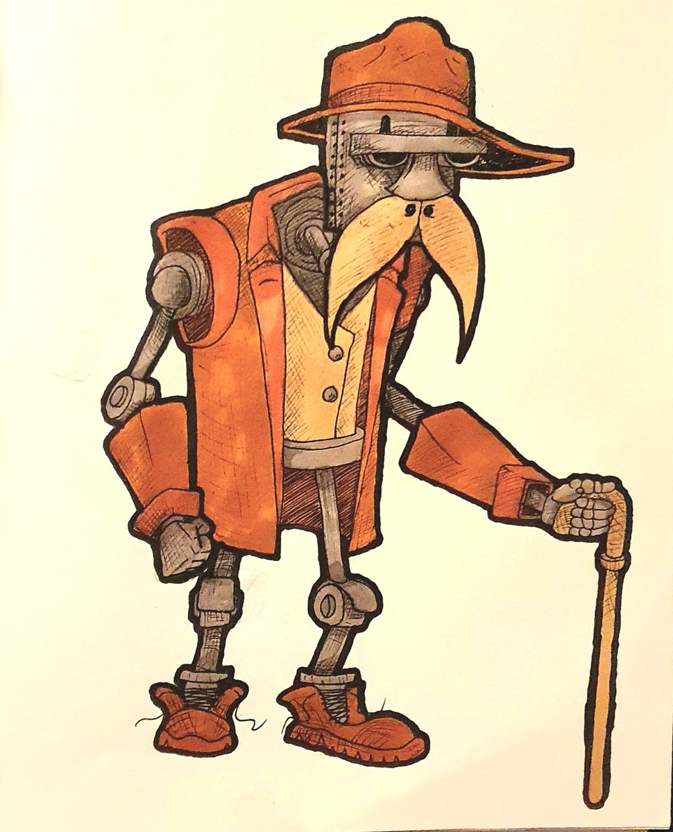 MemoryOverdrive's tweet photo. Hank, Buddi's landlord.

He is as old as the buildings he rents out, all stiff and fragile, this bot is a servant of EverTech against his will. 
Very gentle and kindhearted for a landlord. https://t.co/sBncBcnoj5