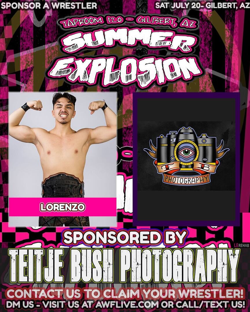 prowrestlingaz's tweet image. TONIGHT: #thankyou to Teitje Bush Photography (TB Photography) for sponsoring LORENZO at #SummerExplosion! Arizona based photographer. Live music / landscapes / street photography. Band photographer for @taproom120 - DM @heylookaphotograoh for bookings. … instagr.am/p/C9qiumRv7Q1/