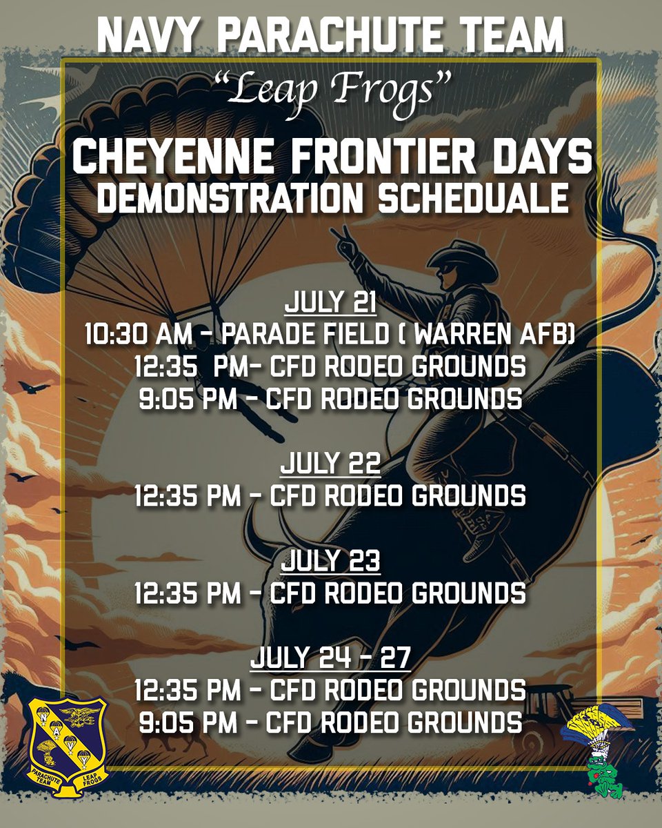 Leap Frogs / Navy Parachute Team (@navyleapfrogs) on Twitter photo Look-out <a href="/CheFrontierDays/">Cheyenne Frontier Days</a>
fans. The Navy Parachute Team is dropping in 🪂🇺🇸🔱
Stay tuned for exclusive footage! Look-out <a href="/CheFrontierDays/">Cheyenne Frontier Days</a>
fans. The Navy Parachute Team is dropping in 🪂🇺🇸🔱
Stay tuned for exclusive footage!