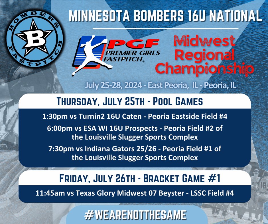 Minnesota Bombers 16U National (@mnbombers2007) on Twitter photo Update to the schedule for the <a href="/PGFnetwork/">PGF</a> Midwest Regional Championship next week. Bracket game #1 is set! <a href="/MnBombers/">Minnesota Bombers</a> <a href="/bombers_fp/">Bombers Fastpitch</a> <a href="/sluggerFP/">Louisville Fastpitch</a> <a href="/sluggernation/">Louisville Slugger</a> Update to the schedule for the <a href="/PGFnetwork/">PGF</a> Midwest Regional Championship next week. Bracket game #1 is set! <a href="/MnBombers/">Minnesota Bombers</a> <a href="/bombers_fp/">Bombers Fastpitch</a> <a href="/sluggerFP/">Louisville Fastpitch</a> <a href="/sluggernation/">Louisville Slugger</a>