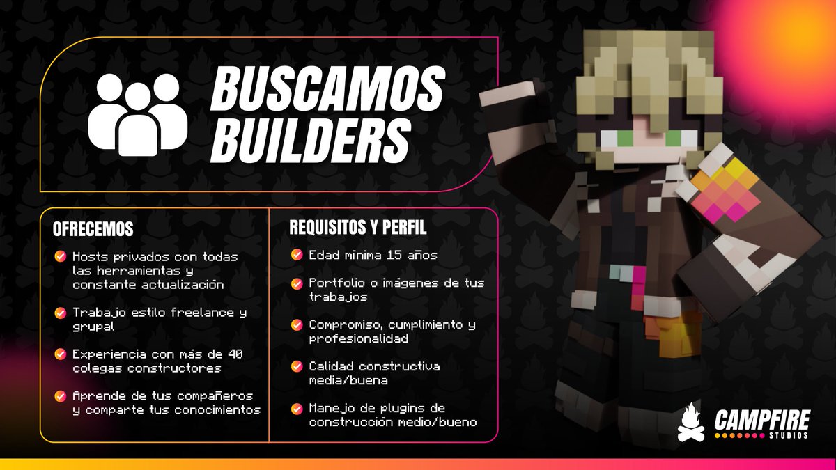 CampfireBT's tweet photo. ¡Forma parte de #CampfireStudios! 🔥

¿Eres creativo y apasionado por construir en #Minecraft? ¡Te estamos buscando!

Postulaciones abiertas para #MinecraftBuilders en nuestra comunidad de #Discord ✨️

¡Haz click en el enlace para más información! https://t.co/PeDUSP9t6A https://t.co/oj4nCgvr7N