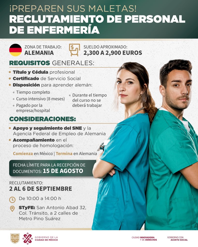 GobCDMX's tweet photo. ¡Éxito! 🤞🏻 O como dicen en alemán: Viel Erfolg 🇩🇪

Si tienes una licenciatura en Enfermería, participa en el reclutamiento que se realizará del 2 al 6 de septiembre en las oficinas de @TrabajoCDMX. 🏥 De ser seleccionad@, podrás estudiar un curso pagado por el hospital para aprender el idioma de este país. 🤩

#GobiernoConAcentoSocial