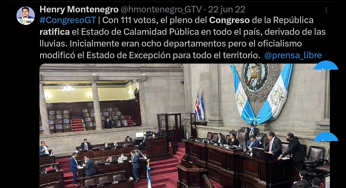 Por 10 puntos:
El 13 de junio del 2022 fue el hundimiento en el km 15 de la CA-9, el paso fue habilitado 2 meses después.
Para repararlo el 21/6 Giammattei declaró Estado de Calamidad, ratificado por el Congreso el 22/6
¿Cuántos comunicados hizo el  Cacif?
x.com/CACIFGuatemala…