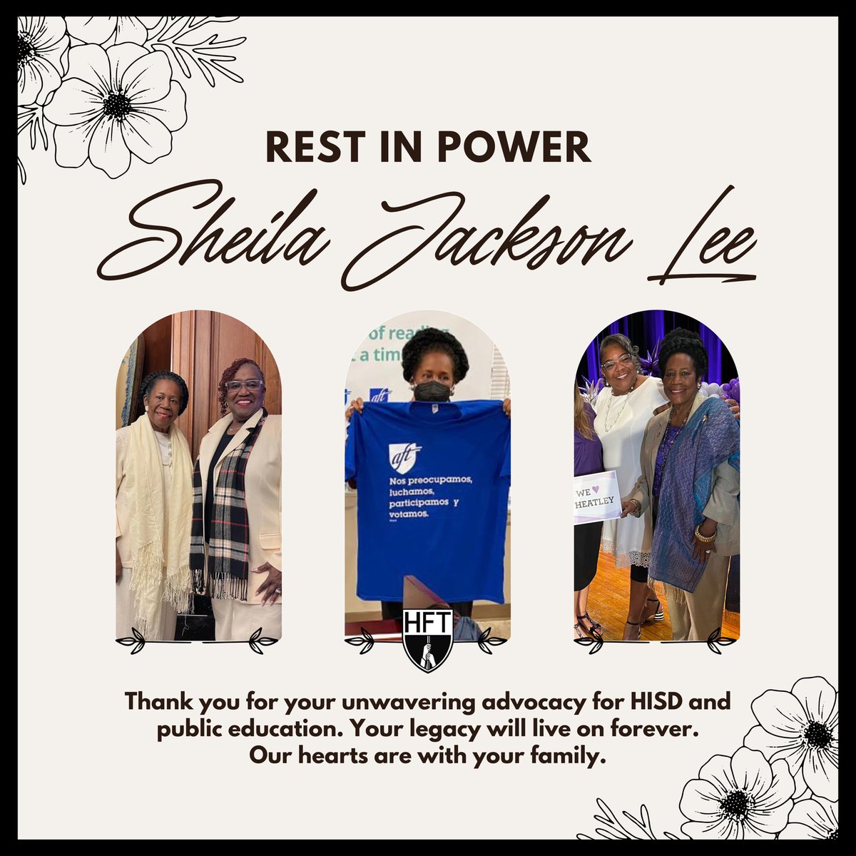HFT_2415's tweet photo. Our hearts are with @JacksonLeeTX18’s family during this difficult time. Her legacy will live on forever. We’re so thankful for her unwavering advocacy for HISD and public education. May she rest in power 💙 #HISD #SJL #SheilaJacksonLee #PublicEdChampion https://t.co/BYgGQrgxTA