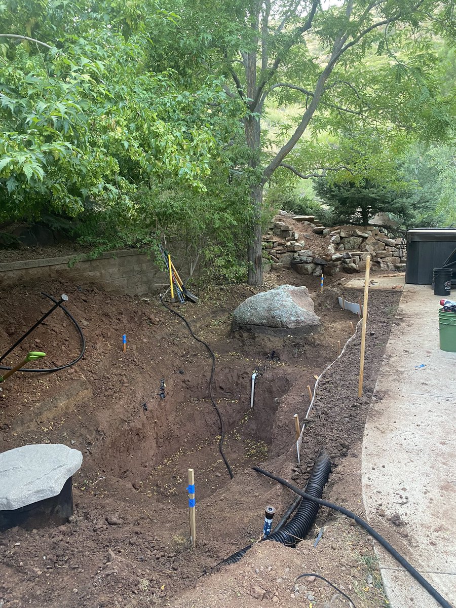 BarbaraPaden's tweet photo. Pond progress. French drain, electrical, sprinkler system rerouted. Water fall coming along. #pondprogress https://t.co/gRaaqAh0Ui