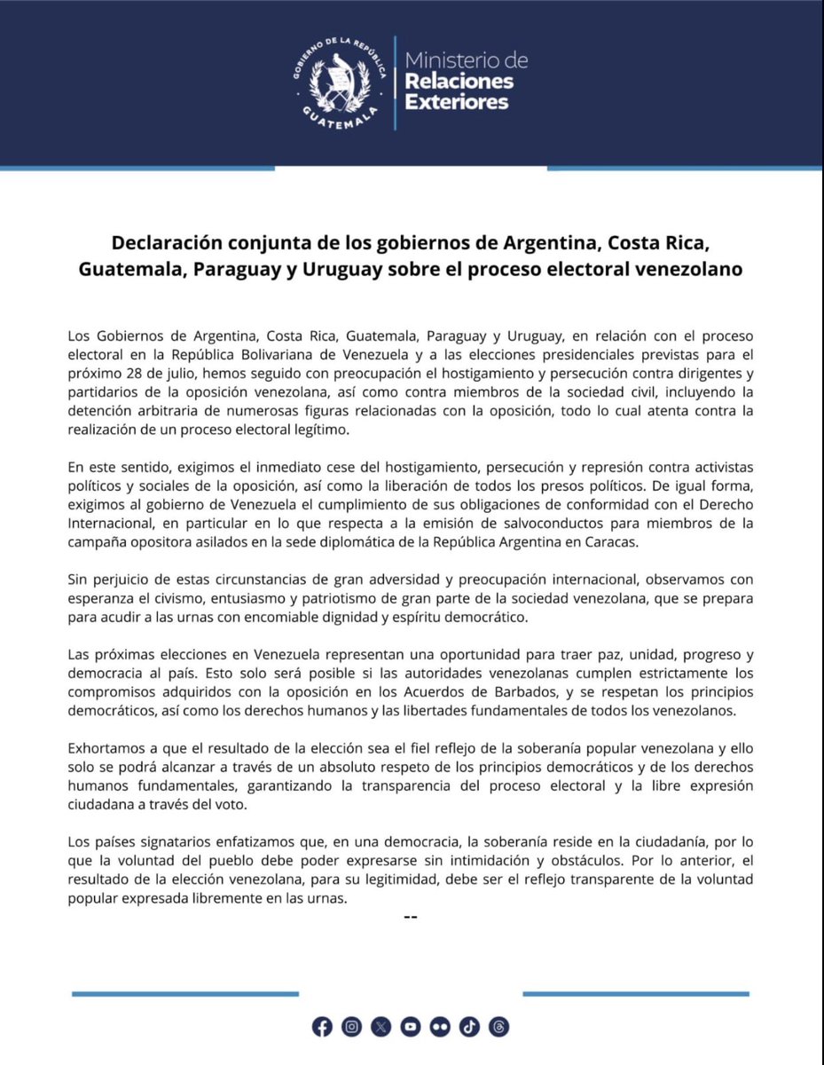 Declaración conjunta de los gobiernos de #Argentina #CostaRica #Guatemala #Paraguay  y #Uruguay  sobre el proceso electoral en #Venezuela