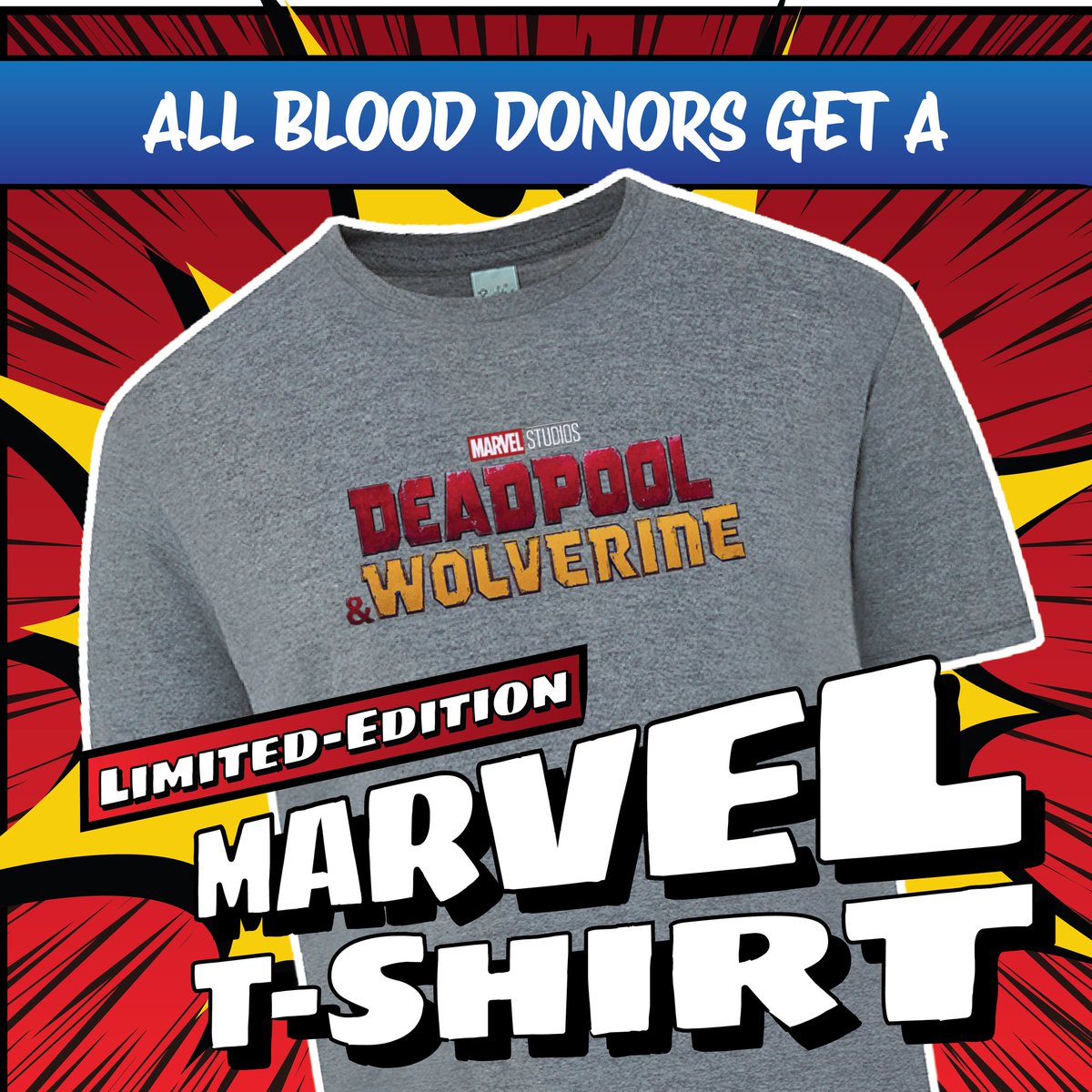 sdbloodbank's tweet photo. Looking to suit up when you catch #DeadpoolandWolverine next weekend? Get your limited-edition Marvel T-shirt when you donate blood during #SDCC2024 at the #comicconblooddrive
Save lives w/ @sdbloodbank & get #Marvel swag ➡️ https://t.co/VQV1ym5y3p https://t.co/tfjgCx20qW