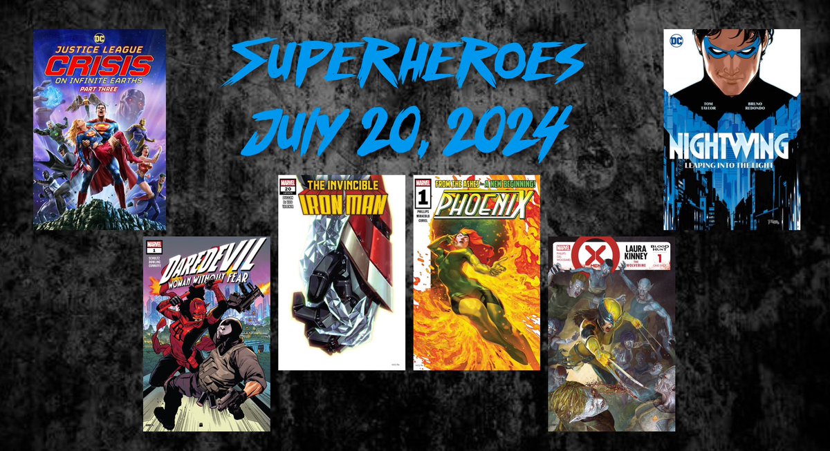 DMVCBN's tweet photo. Check out the latest DMVCBN comic book club on YouTube! I talk about the Justice League: Crisis on Infinite Earths trilogy, Daredevil: Woman Without Fear #1, Invincible Iron Man #20, Phoenix #1, X-Men: Blood Hunt - Laura Kinney - The Wolverine #1, and Nightwing #78-89! https://t.co/rJlVak1mNr