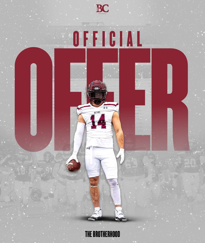 Extremely humbled and thankful to receive an offer from Bethel College. Thanks to <a href="/CoachMillerBC/">Kade Miller</a> <a href="/Threshers_FB/">Bethel College FB</a>