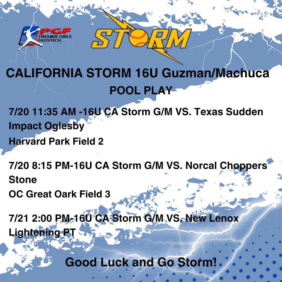 The PGF tournament has started today for 18U Troy and 16U Guzman/Machuca! Bracket games start 7/22: 10:15 am on Harvard Park Field 3 for 18U CA Storm Troy vs. Sorcerer Bigley/Everett and 7/22: 12:30 PM on Bill Barber Park Field 4 for 16U CA Storm G/M. Good luck to all! 💙💛