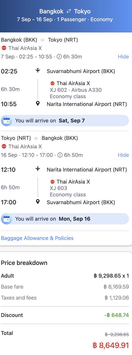 ✈️ Bangkok / Tokyo / return 🇯🇵 1 week round trip 8,649 Baht