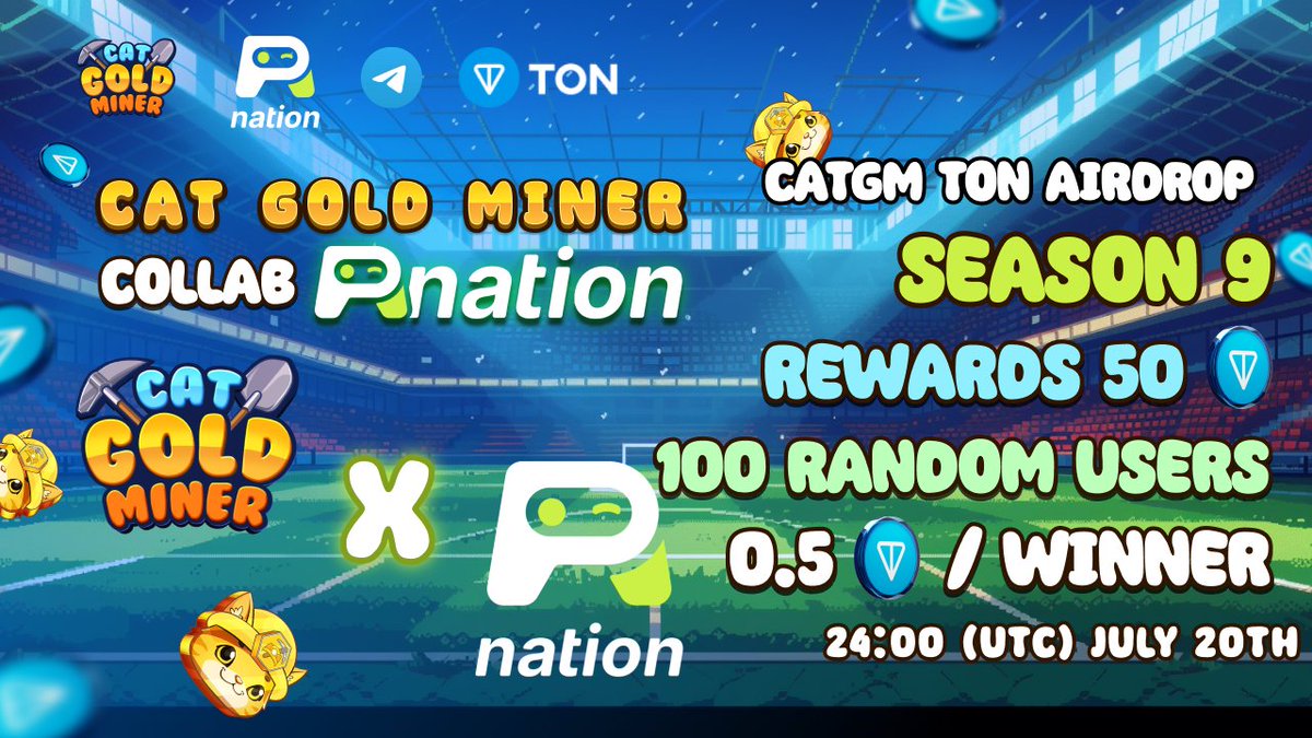 catgoldminer's tweet photo. 🎮 Play To Airdrop
https://t.co/kJGfAcP6Ga

🎉 Event Ended - CATGM TON AIRDROP SEASON 9 🎉
🌐CAT GOLD MINER collab Playnation🌐

🎁The Prize
- Random 100 participants with the correct answer will receive 50TON (0.5TON for each user)

🗓Event Ended: 24:00 (UTC) July 20th

🎉Thank you to all the participants. The reward will be distributed soon, stay tuned and wait for further announcements!

#CatGoldMiner #PlayToAirdrop #Hackathon #TheOpenLeague #TON