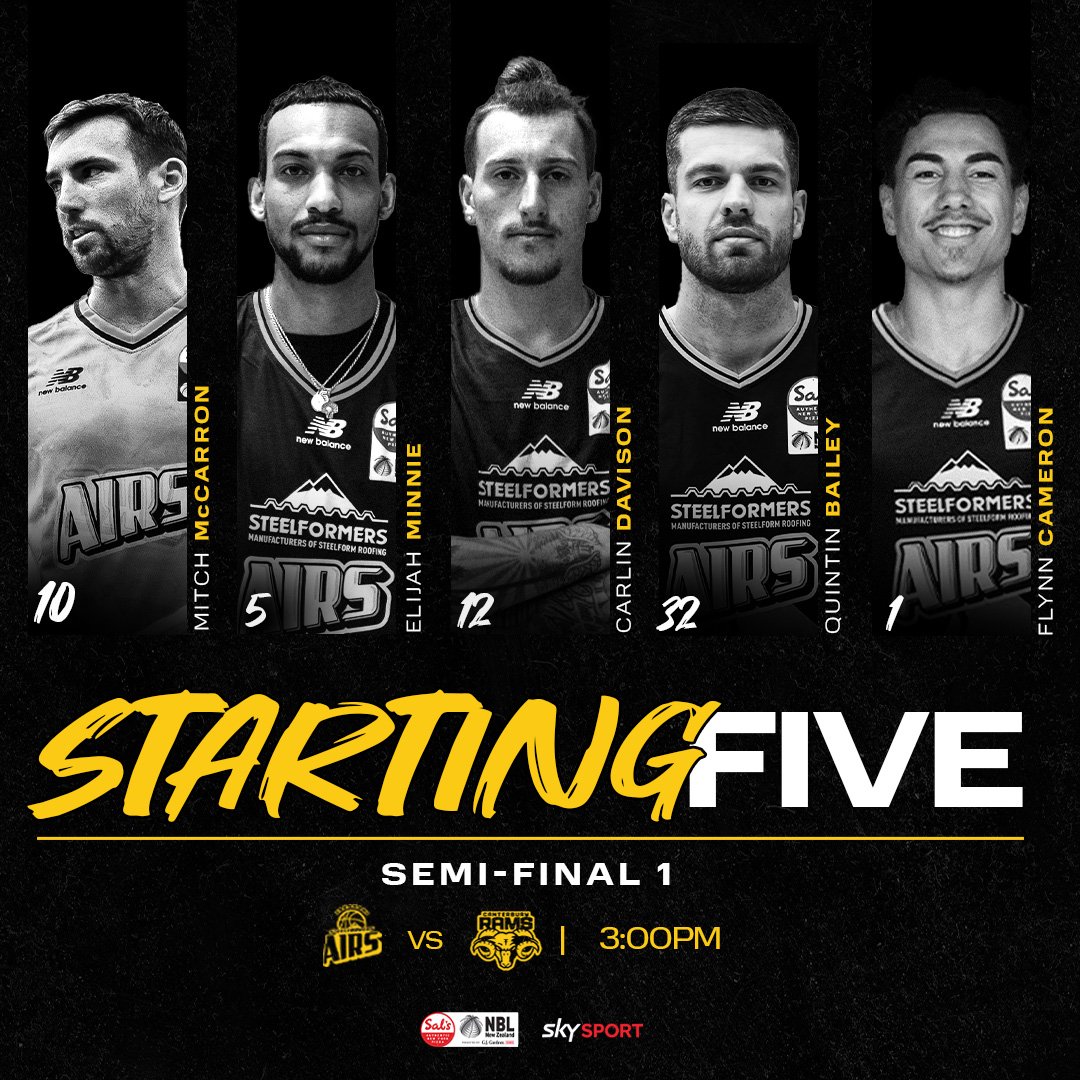 TaranakiAirs's tweet photo. Say hello π to your starting five for our semi-final against @canterburyrams
β° Tip off 3pm
Catch the game LIVE on @skysportnz
Proudly bought to you by Taranaki Steelformers
@nznbl
#TaranakiAirs #PartOfSomethingBigger #SalsNBL #PTP https://t.co/m7CRApUQR6