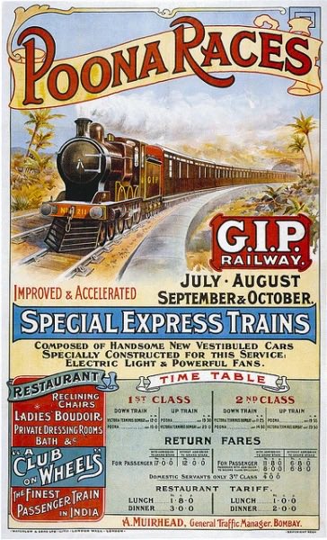 A vintage ad of “Poona Racers” by British India Railways.

Poona Racers were special trains started in 1904 from Mumbai to Pune. It had 3 stops and took 3 hours to reach Pune. A really fast speed for that era.

These trains had one of the earliest dining cars in India and in