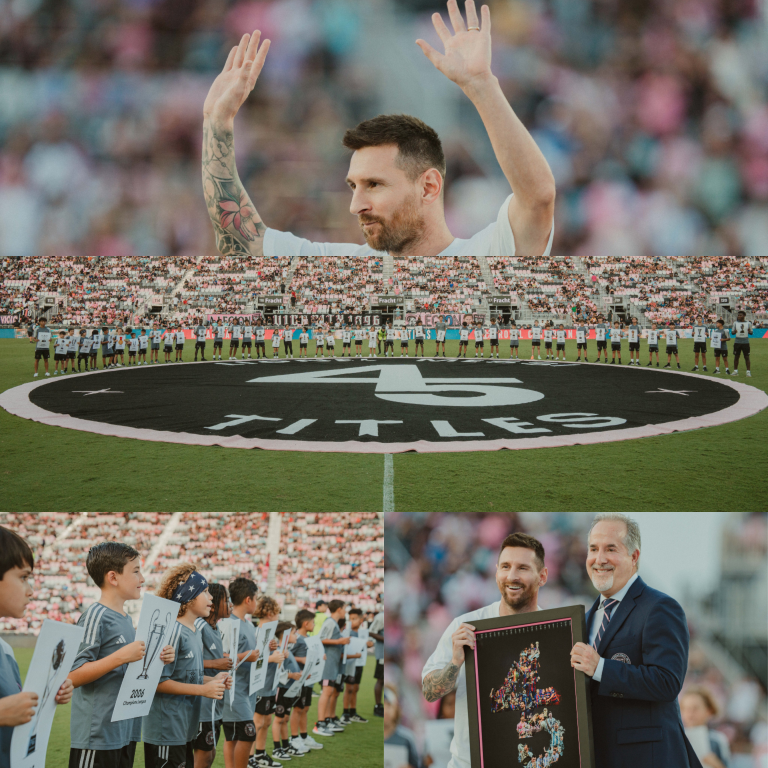 InvictosSomos's tweet photo. ➤ Pancarta gigante con el número 45 en el mediocampo.
➤ Cuadro conmemorativo de su récord histórico.
➤ Imágenes de todos los trofeos que ha levantado.
➤ Y ovación tremenda del estadio. 

Así fue el épico homenaje que el Inter Miami le preparó a Lionel Messi por haberse convertido en el primer jugador con ¡¡45 TROFEOS OFICIALES!! en toda la historia del fútbol. Un reconocimiento a la altura de su legado. El mejor de todos terminó teniendo la mejor carrera de todos los tiempos. LA PELOTA PUSO LAS COSAS EN SU LUGAR.