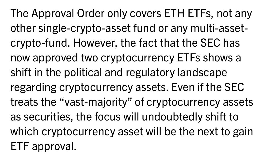 NateGeraci's tweet photo. Interesting perspective from law firm @FoleyandLardner…

“The most important development from approval order was SEC heavily implying ETH is commodity &amp; not security.”

“Approval order demonstrates crypto assets can start life as security &amp; transition to commodity over time.” https://t.co/uwIhzApDmp