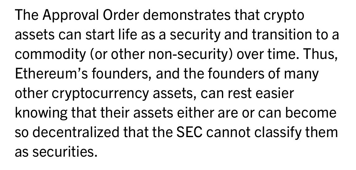 NateGeraci's tweet photo. Interesting perspective from law firm @FoleyandLardner…

“The most important development from approval order was SEC heavily implying ETH is commodity &amp; not security.”

“Approval order demonstrates crypto assets can start life as security &amp; transition to commodity over time.” https://t.co/uwIhzApDmp