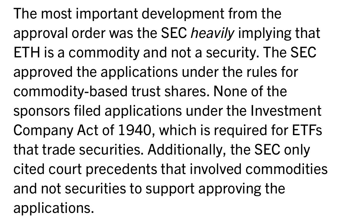 NateGeraci's tweet photo. Interesting perspective from law firm @FoleyandLardner…

“The most important development from approval order was SEC heavily implying ETH is commodity &amp; not security.”

“Approval order demonstrates crypto assets can start life as security &amp; transition to commodity over time.” https://t.co/uwIhzApDmp