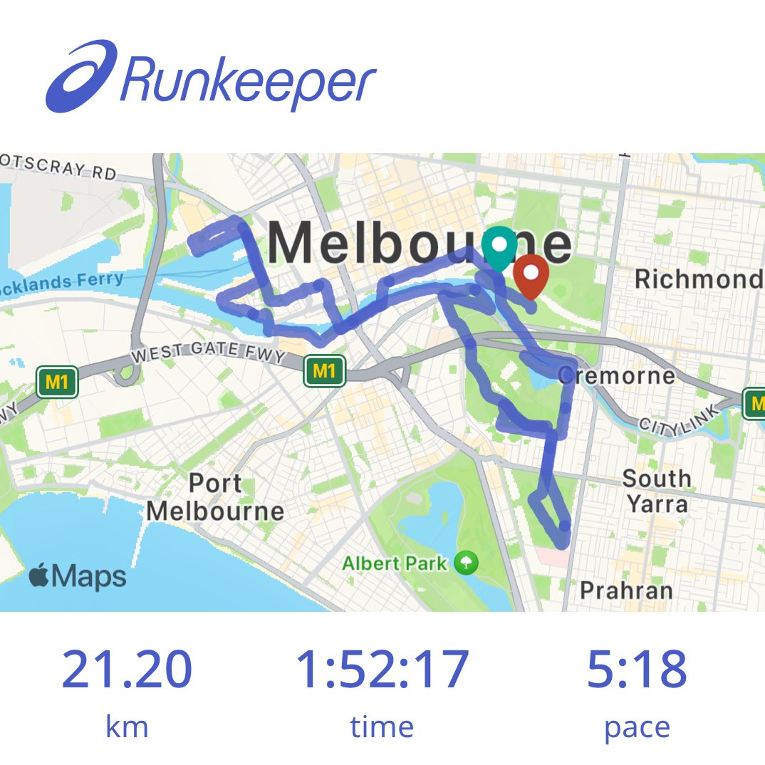 simonbiddle's tweet photo. Nice run this morning. Happy to get back under 2hrs, has been a few years (since kids π). A bit of training and 15 fewer kgs does wonders.
#RunMelbourne https://t.co/JON6NSIgni