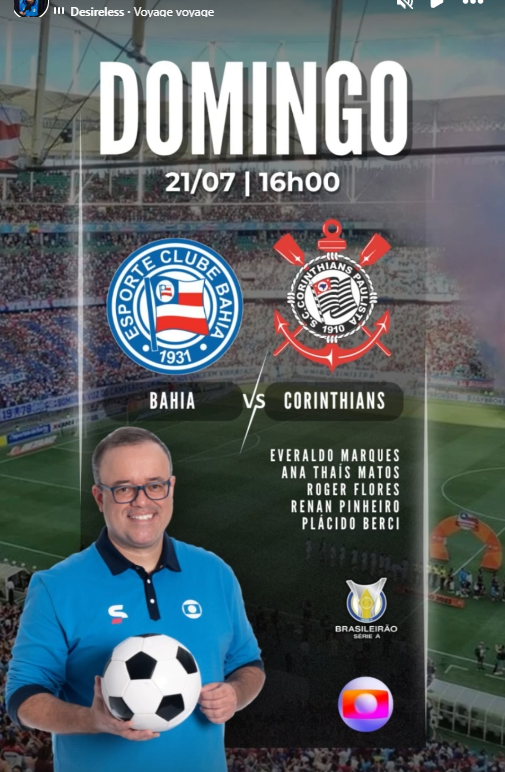 Equipe de transmissão de <a href="/ecbahia/">Esporte Clube Bahia</a> x <a href="/Corinthians/">Corinthians</a> pela 18ª rodada do <a href="/Brasileirao/">Brasileirão Betano</a> !

📺 <a href="/tvglobo/">TV Globo 📺</a> para SP, BA e mais 9 estados.
🎙️ @everaldomarques 
💬 @anathaismatos e Roger Flores
🎤 <a href="/pinheirorenan/">Renan Pinheiro</a> e <a href="/placidoberci/">Plácido Berci</a> 

#BAHxSCCP #VaiCorinthians #DiaDeCorinthians #SalveOCorinthians