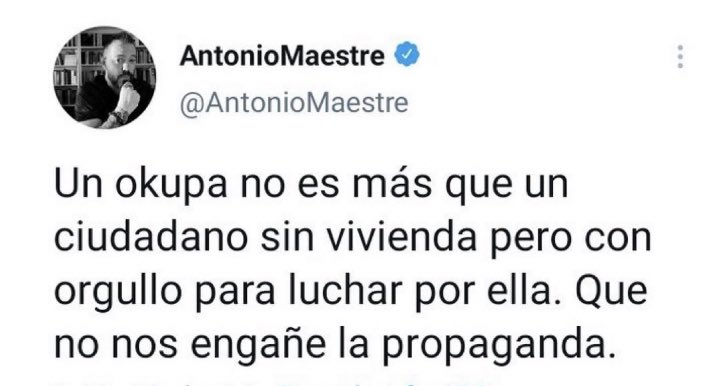 jaliroller's tweet photo. ¿Dónde vive Antonio Maestre y de cuántas viviendas es propietario? Para ser consecuente y solidario, y no solo un trolero hipócrita, que ponga sus viviendas a disposición de sus amigos okupas #STOPokupas https://t.co/Ntzvn7kR57
