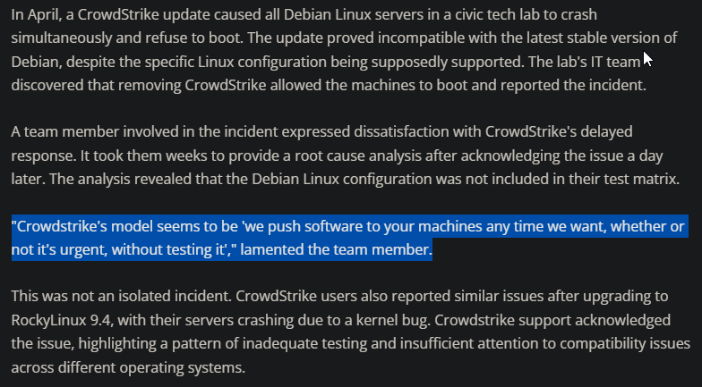 CrowdStrike broke Debian and Rocky Linux months ago, but no one noticed #CrowdStrike #Linux #Windows: neowin.net/news/crowdstri… via <a href="/NeowinFeed/">NeowinFeed</a>