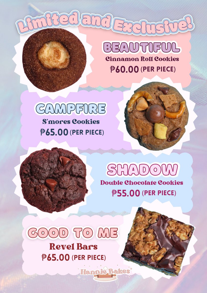 eto po yung mga available guys hehe

pwede sa <a href="/_hanniebakes/">Hannie Bakes ✨️</a> po kayo mag dm to order kasi ang gulo na ng dms ko here 😭

Location: West Fairview, Quezon City

Available for same day delivery and ipaship thru j&amp;t (more details below)

for individual pieces: