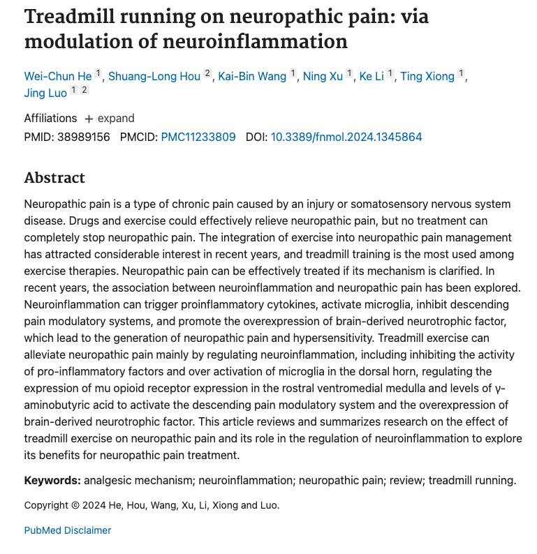 That’s a wrap! Integrating exercise like treadmill training into neuropathic pain management shows promise in regulating neuroinflammation and pain pathways. However, the optimal exercise dose and intensity need further exploration. #PainManagement #ExerciseScience #HealthAdvice