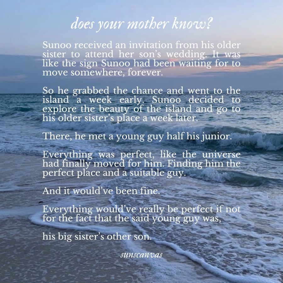 sunscanvas's tweet image. 𝒅𝒐𝒆𝒔 𝒚𝒐𝒖𝒓 𝒎𝒐𝒕𝒉𝒆𝒓 𝒌𝒏𝒐𝒘?

❥ #sunsun 🔞 fic.
❥ 12 chapters, rated E.
❥ 120k-ish words.
❥ strangers to lovers, age gap, domestic fluff and heavy angst.

❥ ao3.org/works/57545950