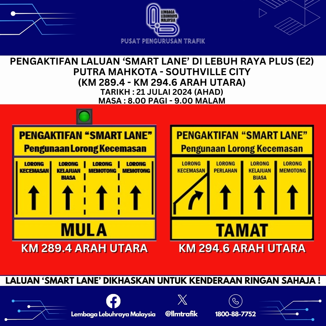 llmtrafik's tweet photo. PENGAKTIFAN LALUAN ‘SMART LANE’ DI E2: LEBUHRAYA PLUS

TARIKH:  21.07.2024 (AHAD)
LOKASI:  KM 289.4-KM 294.6 ARAH UTARA (PUTRA MAHKOTA–SOUTHVILLE CITY)
MASA: 8.00AM-9.00PM
 
Patuhi arahan papan tanda di lokasi ! https://t.co/AiOoZdtGIU