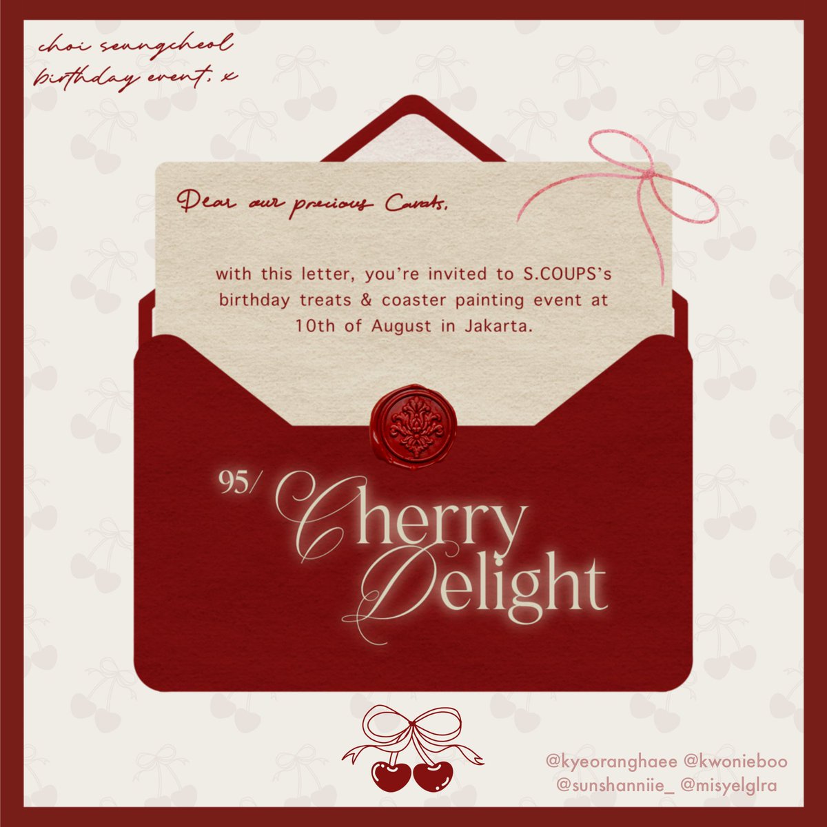 kyeoranghaee's tweet photo. ⚠️PSA for all Carats in Jakarta⚠️
Something cherry special is coming your way! 🍒

Mark your calendars for a sweet evening on August 10th and dress to impress in red, white, and pink🎀♥️Can you guess who's the star of the day? 👀✨

Stay tuned for more information! #CherryDelight https://t.co/ngn3V84gu5