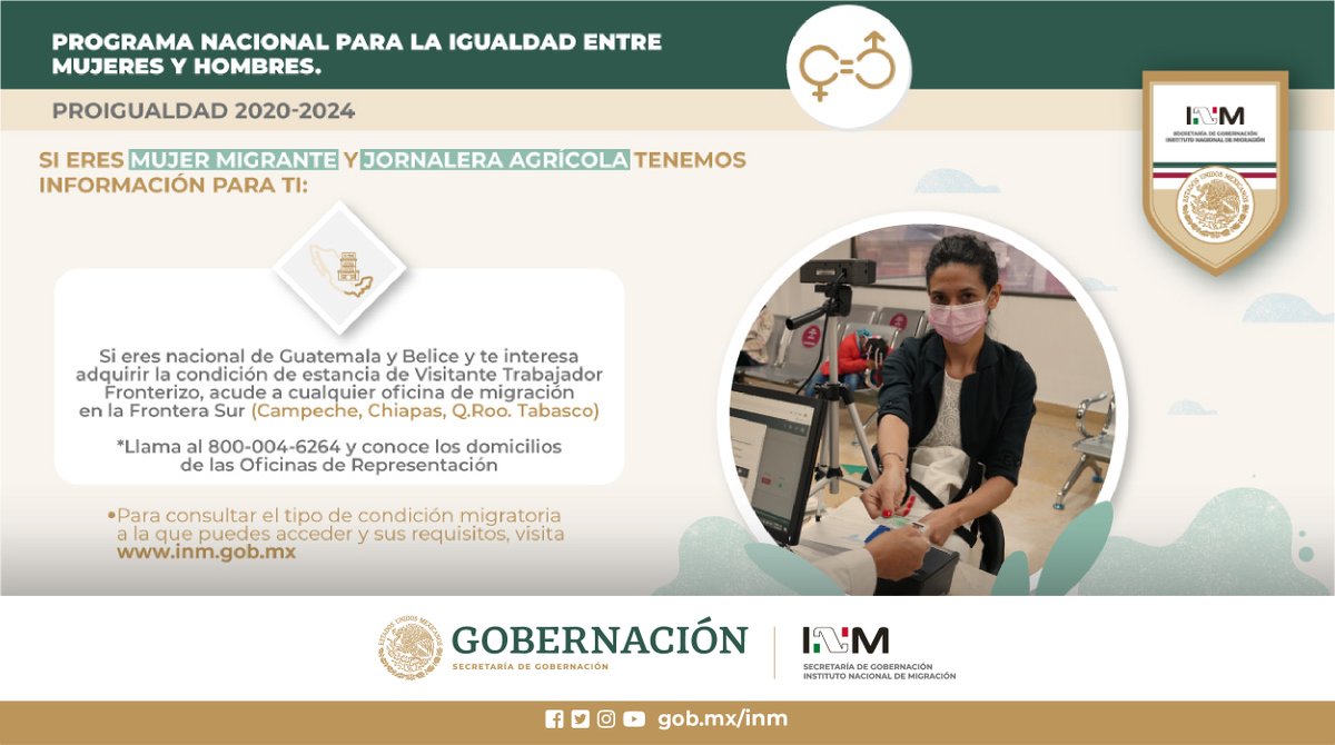 INAMI_mx's tweet photo. Con el Programa Pro Igualdad, el @INAMI_mx brinda apoyo a las mujeres 👩🏻🦱👩🏻migrantes jornaleras.
#DaClick ➡️ https://t.co/kCIqDBB0Dz https://t.co/yaGcZYFgtt