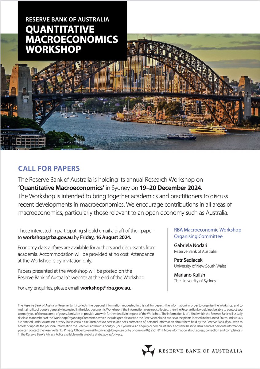 Mariano Kulish (@marianokulish) on Twitter photo Very excited to be organising with Gabriela Nodari at Economic Research
<a href="/RBAInfo/">Reserve Bank of Australia</a>
and
<a href="/SedlacekPe/">Petr Sedlacek</a>
the RBA Quantitative Macroeconomics Workshop. It will be held in Sydney on 19-20 December.
Email us a draft of your paper to workshop@rba.gov.au by Friday 16 August. Very excited to be organising with Gabriela Nodari at Economic Research
<a href="/RBAInfo/">Reserve Bank of Australia</a>
and
<a href="/SedlacekPe/">Petr Sedlacek</a>
the RBA Quantitative Macroeconomics Workshop. It will be held in Sydney on 19-20 December.
Email us a draft of your paper to workshop@rba.gov.au by Friday 16 August.