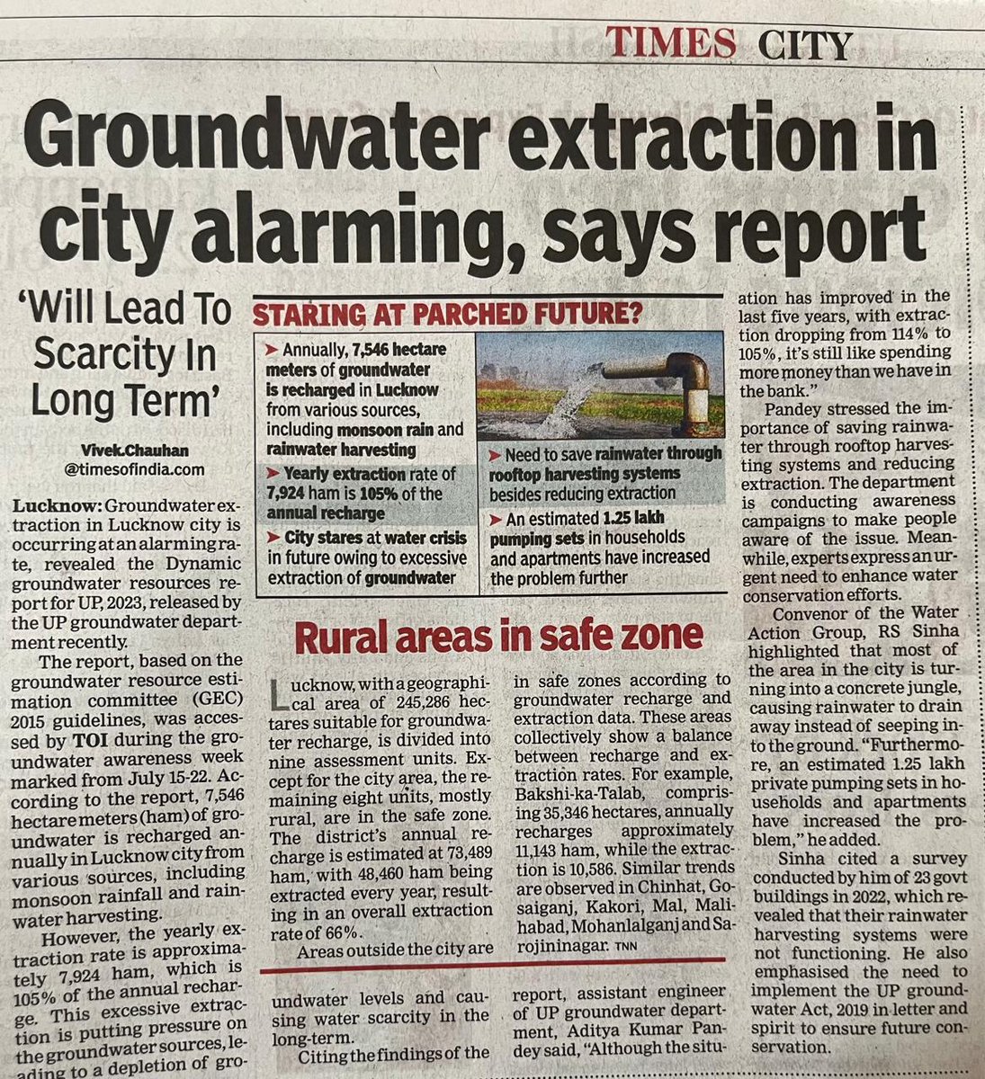 <a href="/TOILucknow/">TOI Lucknow</a> <a href="/ndtvindia/">NDTV India</a> <a href="/aajtak/">AajTak</a> <a href="/News18UP/">News18 Uttar Pradesh</a> Ground Water Extraction in Lucknow city has crossed the threshold, the ground situation is highly critical. Actual extraction 6times more what has been reported. Number of Troughs developed within city.