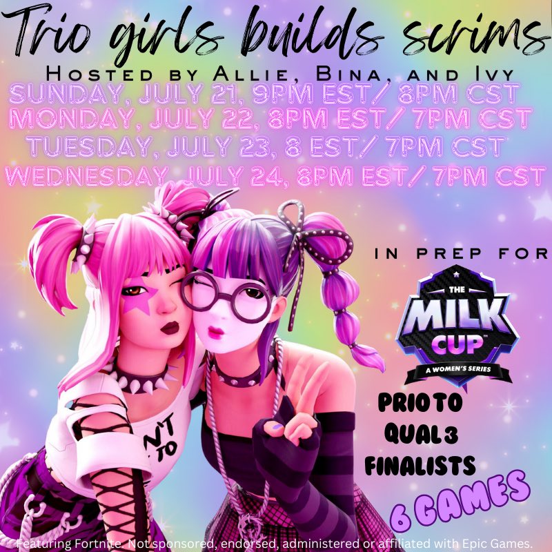 brutalbina's tweet photo. 🥛Last couple days of qual 3 milk cup scrims 
- like and retweet 💞
- tag your trio 🏷️ 
- priority goes to girls playing qual  3 finals this thursday :) 
- ask for roles in @thatgirlalliex and I’s discord ✨GLHF https://t.co/1ZSPcasIBh