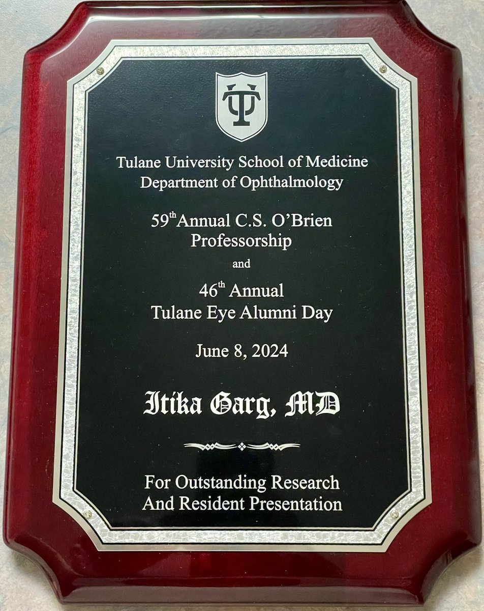 Itika Garg, MD (@itikagarg) on Twitter photo Honored and humbled to receive the Outstanding Research presentation award at the <a href="/TulaneMedicine/">Tulane Medicine</a> Ophthalmology 59th Annual C.S. O’Brien Professorship day. Grateful to my mentors, peers and family. 🤩🙏
#Research #Retina #Ophthalmology #OphthoTwitter Honored and humbled to receive the Outstanding Research presentation award at the <a href="/TulaneMedicine/">Tulane Medicine</a> Ophthalmology 59th Annual C.S. O’Brien Professorship day. Grateful to my mentors, peers and family. 🤩🙏
#Research #Retina #Ophthalmology #OphthoTwitter