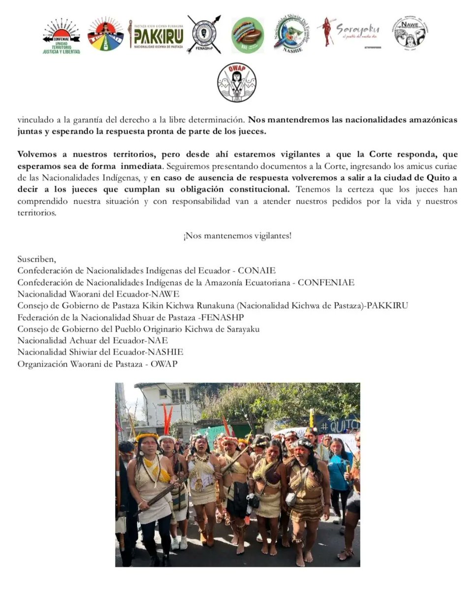 WaoResistencia's tweet photo. Hoy, 9 organizaciones amazónicas junto a regionales fuimos recibidos por la @CorteConstEcu. Nos dice que volvamos tranquilos a casa.
Estaremos vigilantes. Confiamos en que tomarán la decisión correcta en defensa de las nacionalidades amazónicas
¡Es hora apliquen #SentenciaYa! https://t.co/SuWY7OzhXG