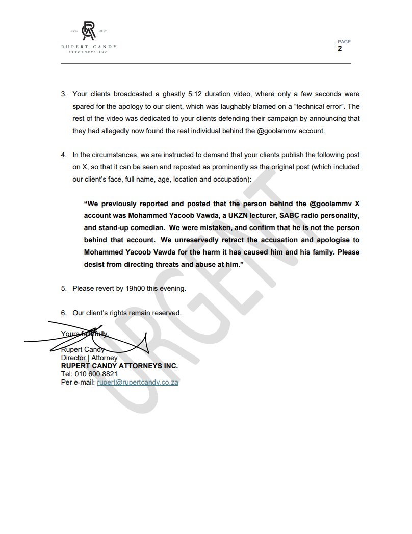 InfilExfil's tweet photo. SECOND LETTER OF DEMAND
MOHAMMED YACOOB VAWDA // INDEPENDENT MEDIA (PTY) LTD AND LINDIWE SISULU
"our client is still receiving abuse and threats as it appears the retraction/apology is not prominent enough to have captured the attention of internet users, considering that it appears only halfway through the article and the video, and is not referenced in the caption or headline"
@RCAttorneys #Goolam