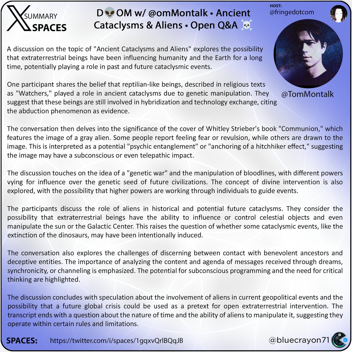 bluecrayon71's tweet photo. D👽OM w/ @omMontalk • Ancient Cataclysms &amp; Aliens • Open Q&amp;A ☠️ @TomMontalk @fringedotcom

Spaces: https://t.co/V7xtaM58oV

#AncientCataclysms #Aliens #GeneticManipulation #Hybridization #Abduction #PsychicEntanglement #SpiritualWarfare #RemoteViewing #SubconsciousProgramming https://t.co/R1mwrP0UbF