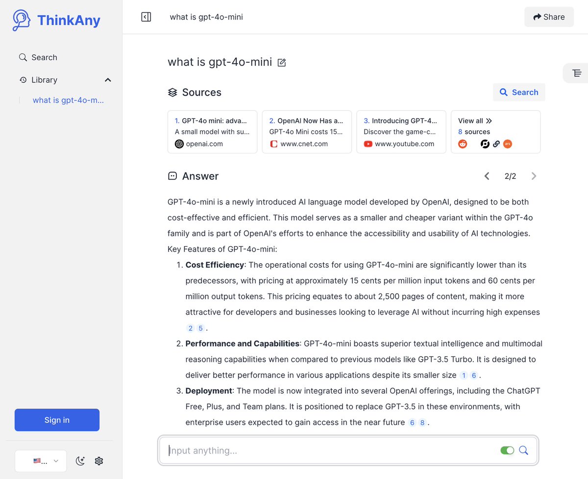 thinkanyai's tweet photo. A new version of https://t.co/zbpUUhPxzL is comming soon🎊🥳🥳
GPT4o mini is also supported!
Stay tuned🤩
👉https://t.co/FwsCjhT07s
#GPT4o #4omini #ThinkAny #TA #AI #Search https://t.co/Mz6cQUDglQ
